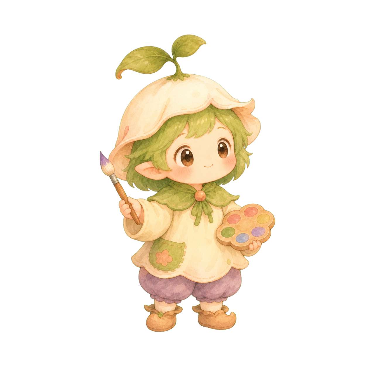 Sprout, a little helper holding a paintbrush and palette